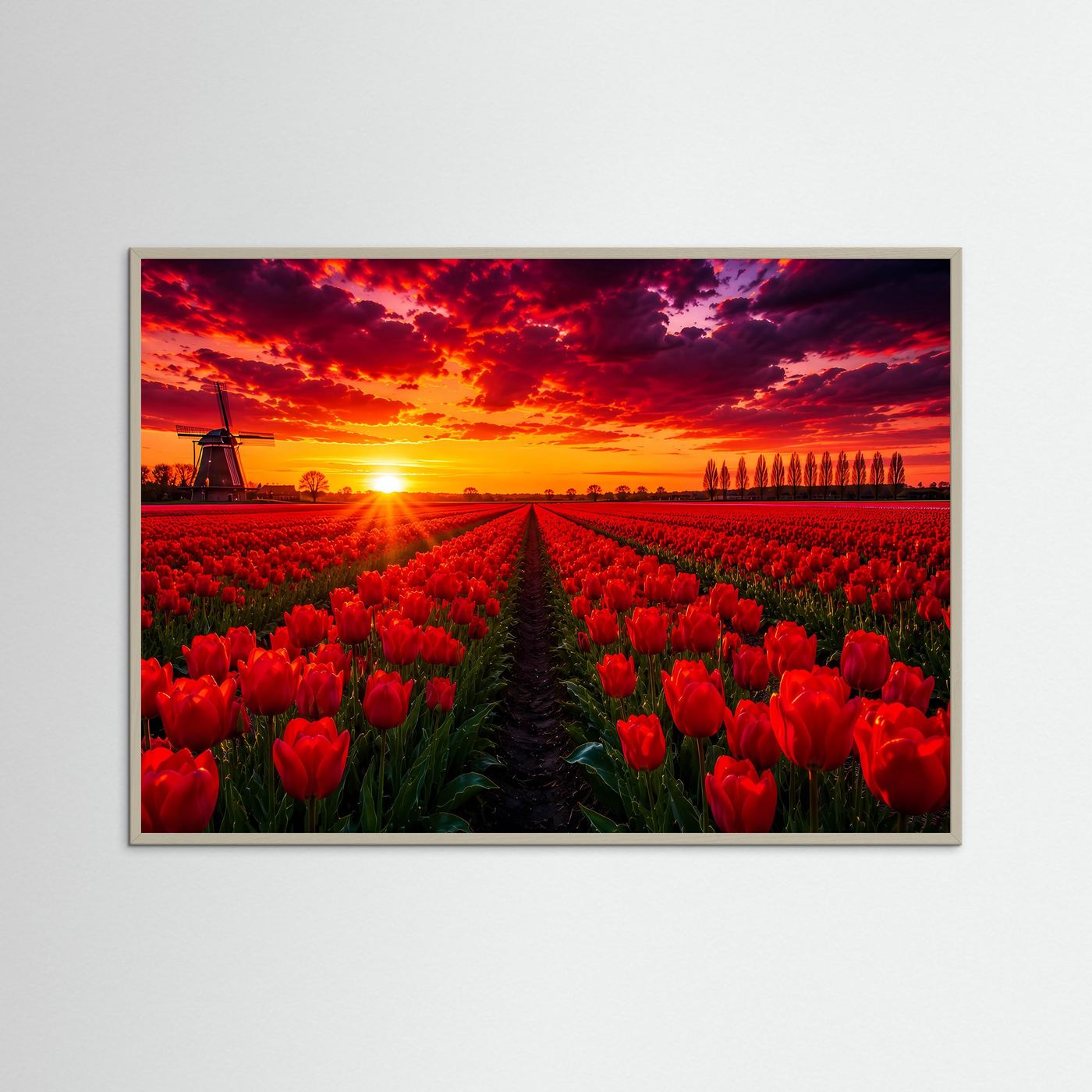 Poster Querformat mit rotem Tulpenfeld, Windmühle und Sonnenuntergang, brauner Holzrahmen
