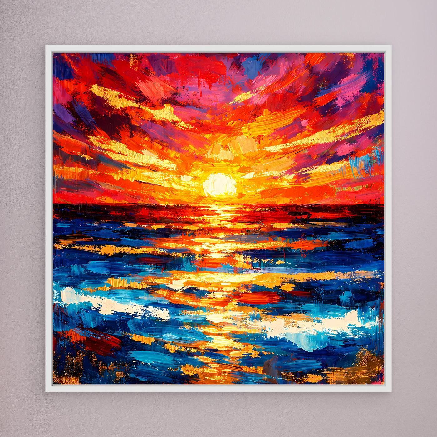 Leinwandbild mit abstrahiertem Sonnenuntergang über dem Meer, warme Rot-Orange-Töne, weißer Rahmen.
