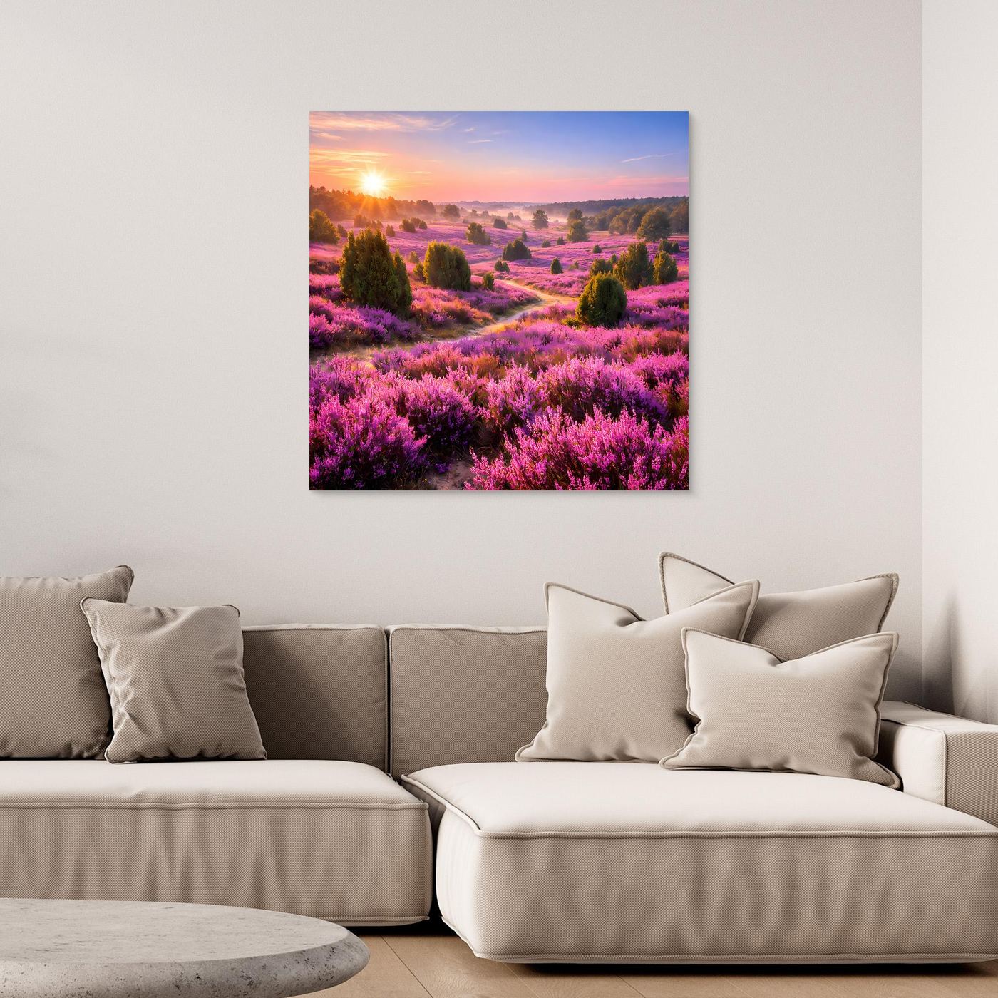 Leinwandbild mit lila blühender Heidelandschaft bei Sonnenaufgang, rechteckig ohne sichtbaren Rahmen