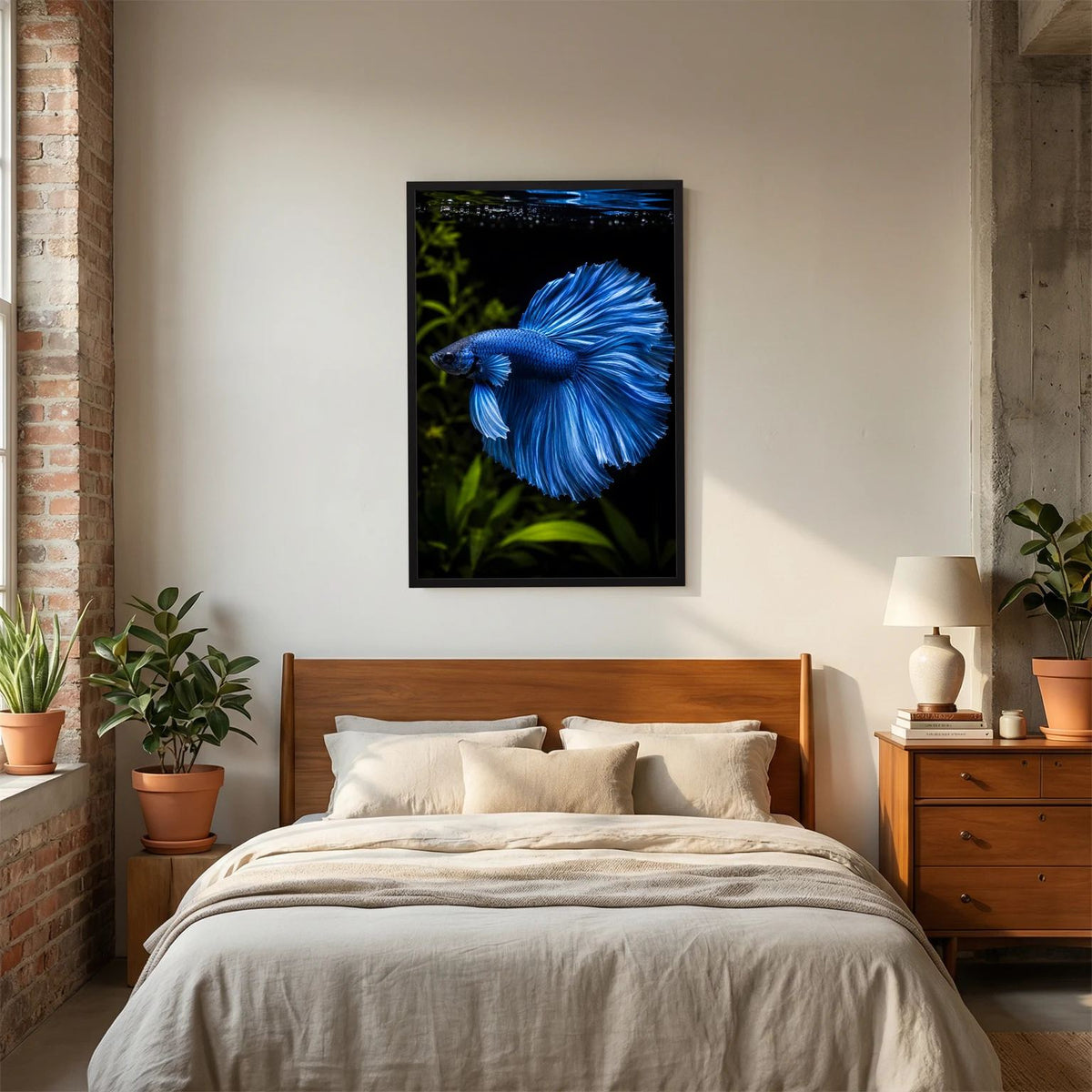 Wandposter mit blauem Kampffisch im Porträt, schwarzer Rahmen