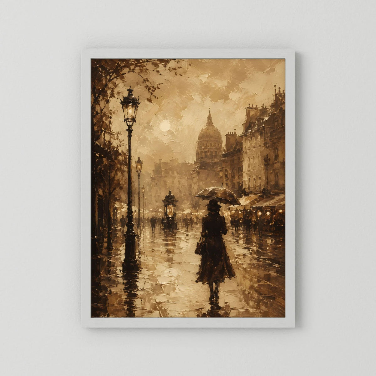 Hochformatiger Vintage-Poster mit weißem Rahmen und sepia Stadtansicht: Frau mit Schirm