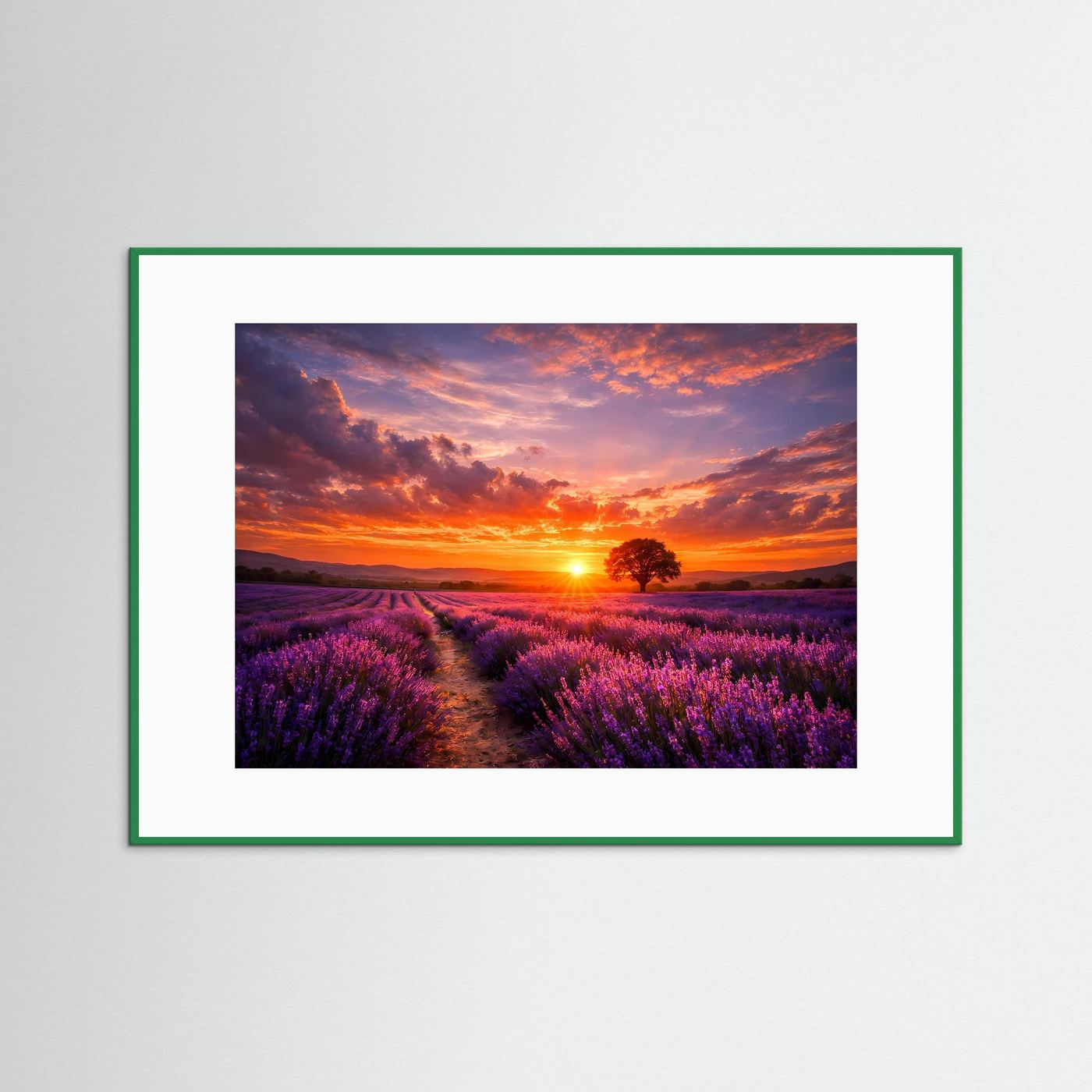 Wandbild mit Lavendelfeld-Szene im Sonnenuntergang, grüner Rahmen mit weißem Rand