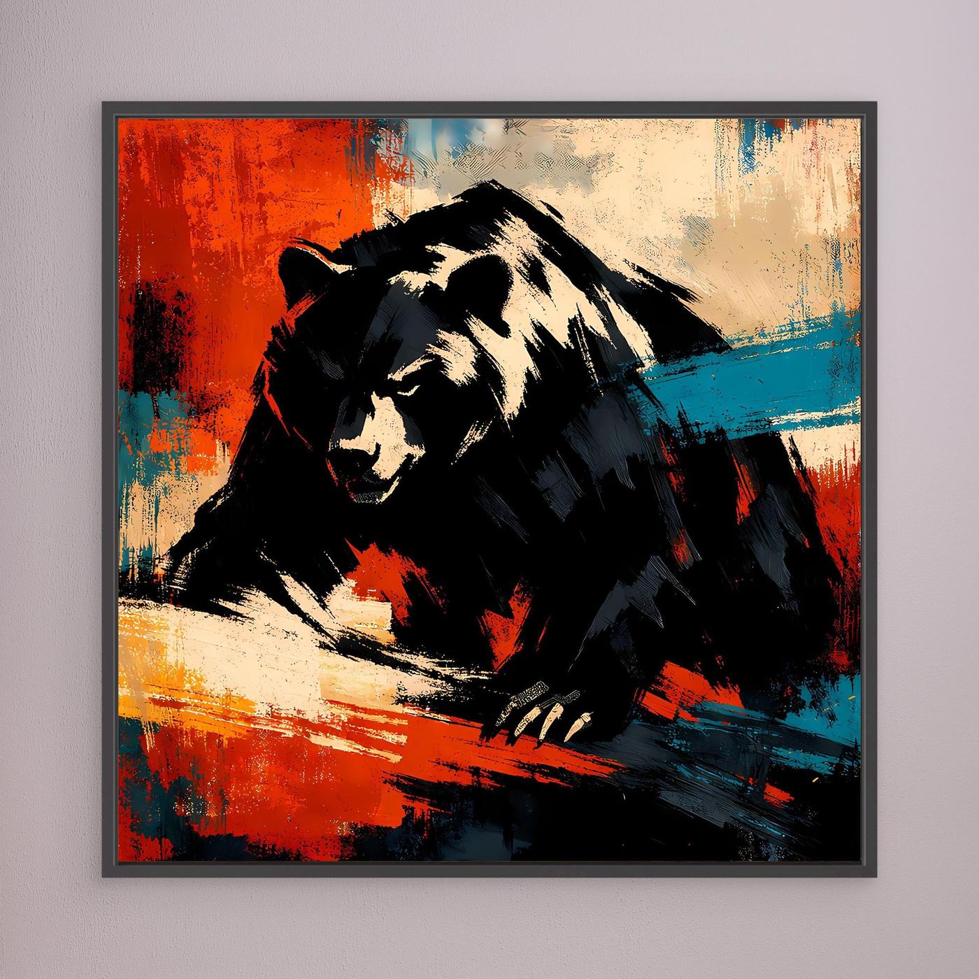 Leinwand-Wandbild: abstrakter Grizzlybär, schwarz-beige, Rot- und Blauakzente, schwarzer Rahmen