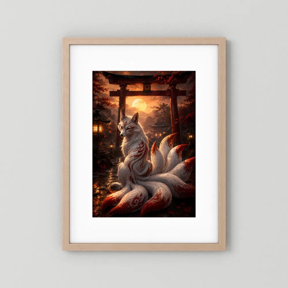 Poster im hellen Holzrahmen mit weißem Rand: Kitsune-Fuchs mit neun Schweifen