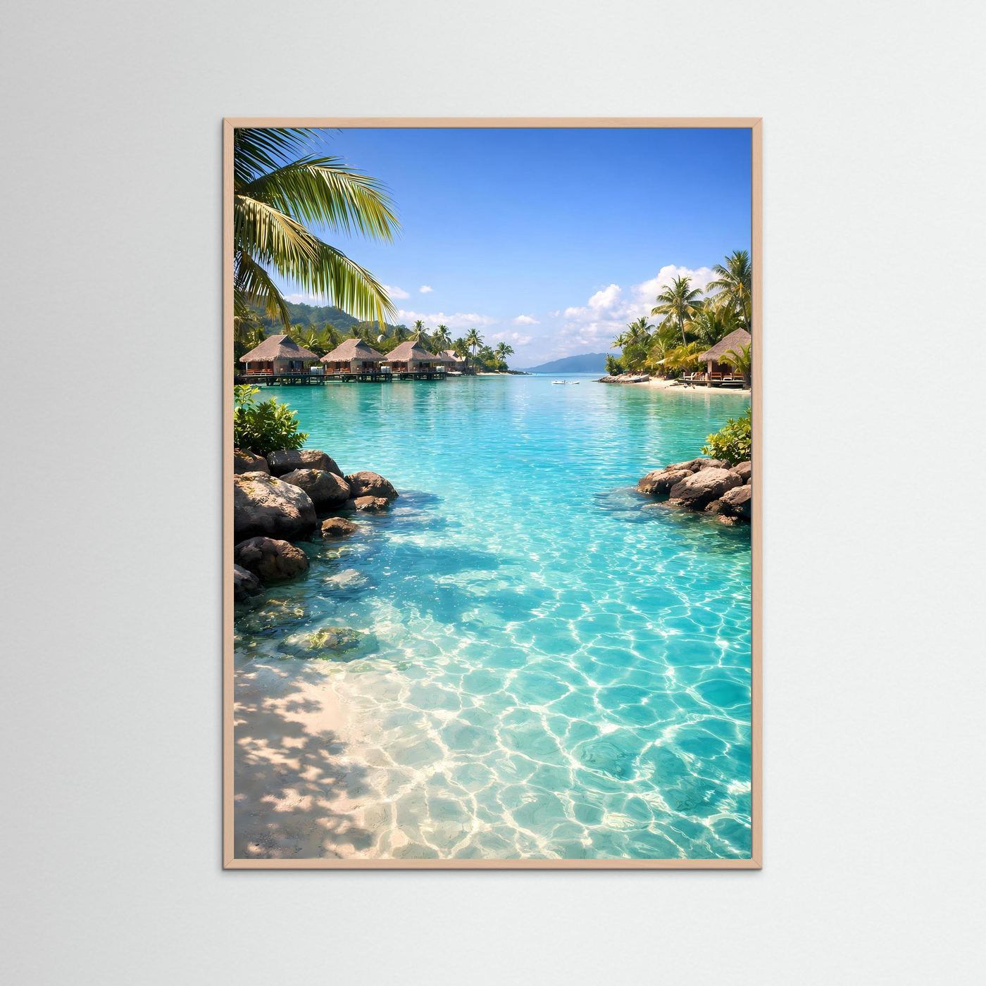 Poster Tropische Lagune mit türkisfarbenem Wasser, beiger Rahmen, Hochformat.