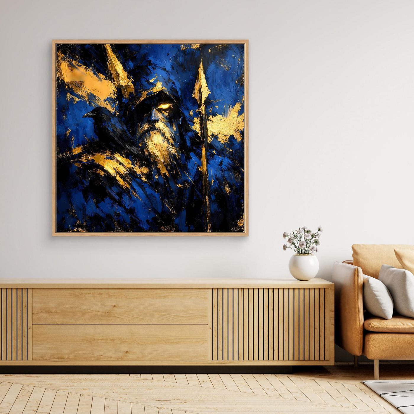 Leinwand Odin der Allvater in Blau und Gold | Modernes Nordische Mythologie Wandbild mit Rabe