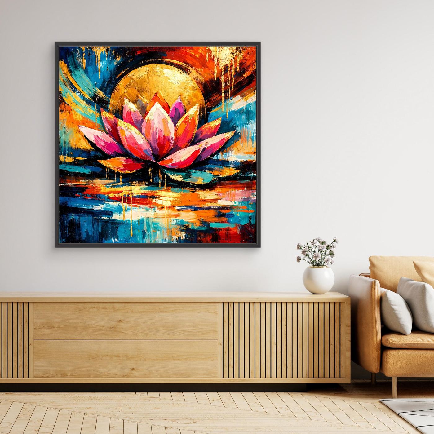 Gerahmtes Leinwand-Wandbild mit abstrakter Lotusblüte, Goldkreis, Farbexplosion in Blau, Rot, Gelb.