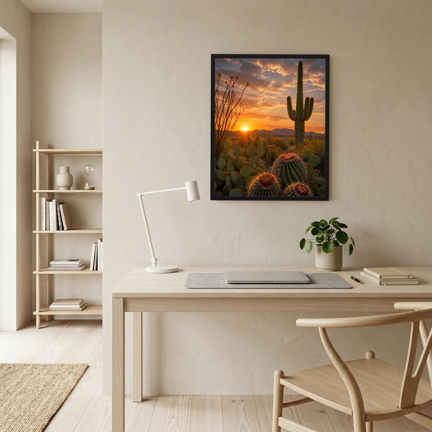 Hochformatiges Wandposter mit Wüsten-Kakteen und Sonnenuntergang, schwarzer Rahmen