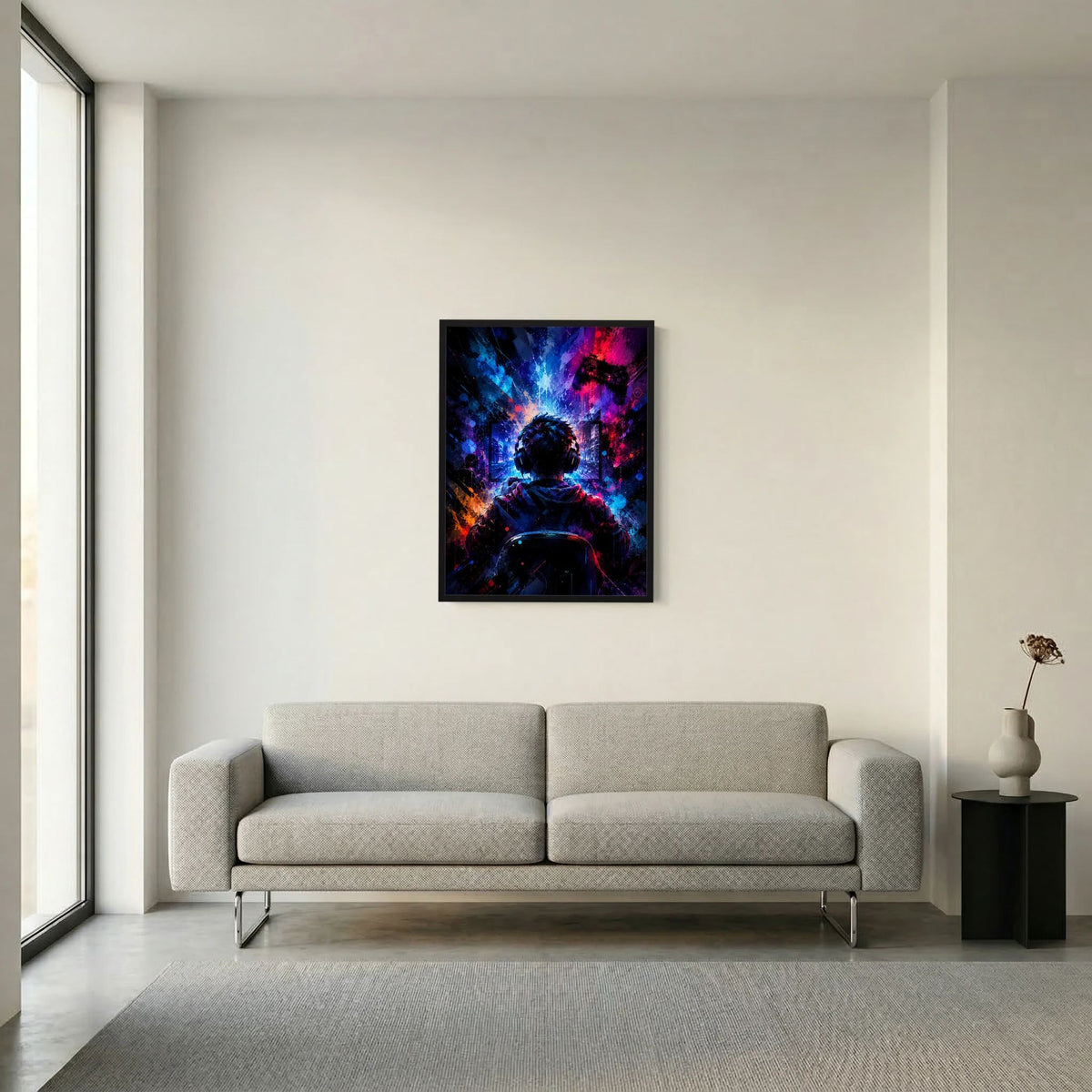 Wandposter im schwarzen Rahmen mit Neon-Illustration eines Gamers mit Headset