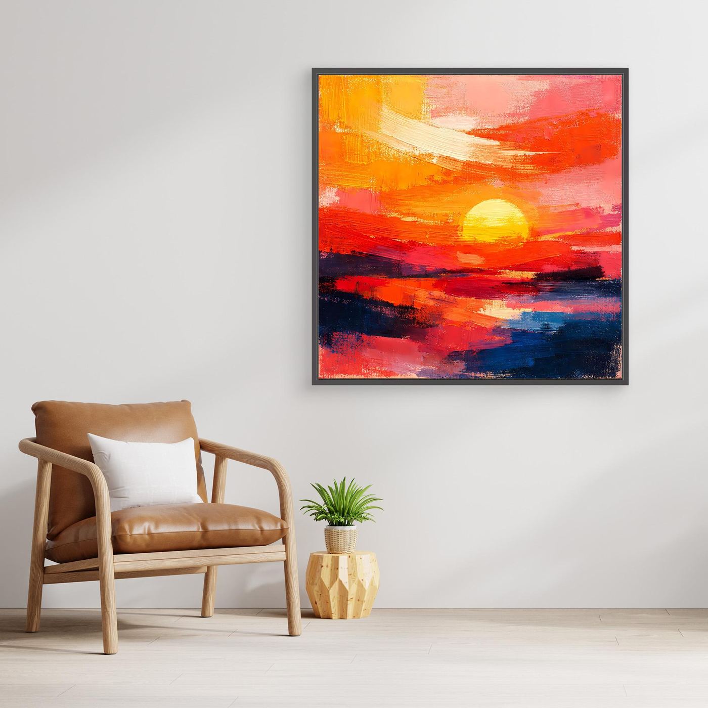 Dark framed abstract sunset seascape canvas with orange sun and red and deep blue wave lines
