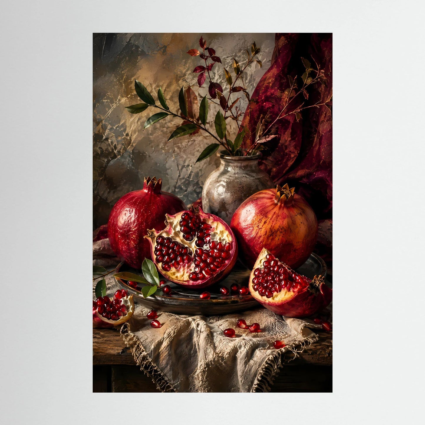 Granatäpfel Stillleben | Edle Früchte in Rubinrot und Gold | Poster Hochformat