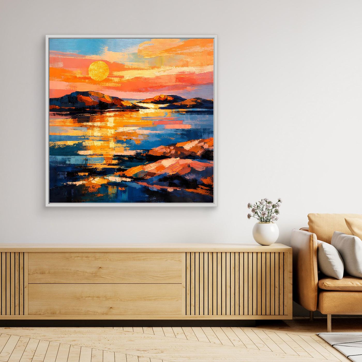 Abstraktes Leinwand-Wandbild mit Sonnenuntergang über dem Meer, weiß gerahmt