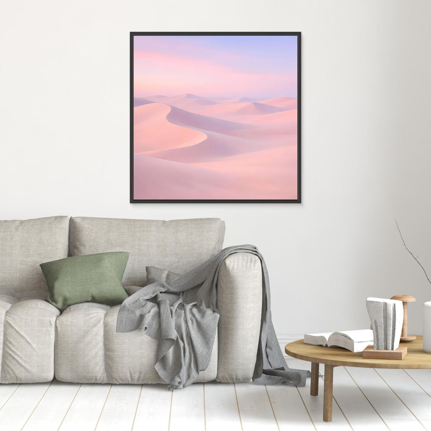 Quadratisches Leinwandbild mit Pastell-Wüstendünen in Rosa und Flieder, schwarzer Holzrahmen