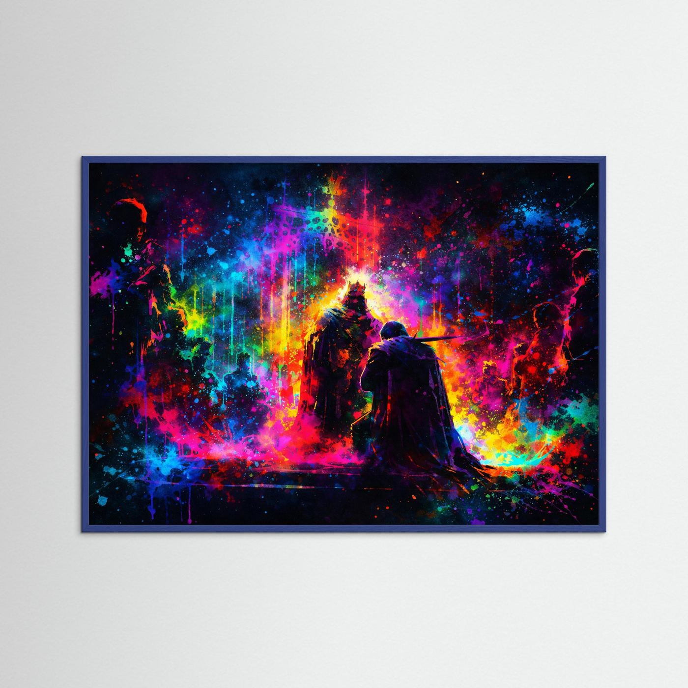 Gerahmtes Poster mit buntem Neon-Motiv: gekrönte Herrscherfigur kniet, dunkler Hintergrund.