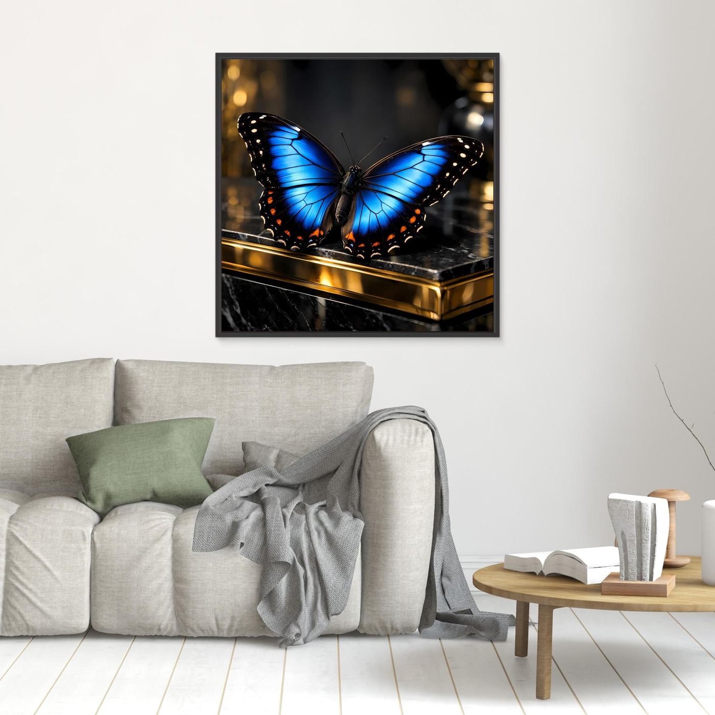 Leinwand-Wandbild: blauer Schmetterling, dunkler Rahmen