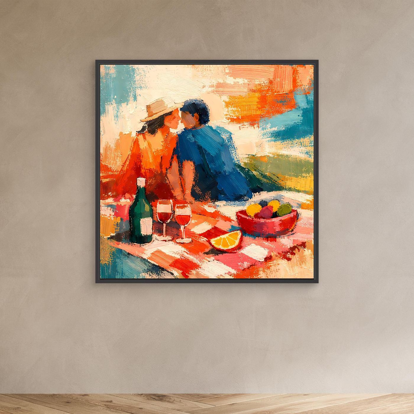Leinwand-Wandbild im schwarzen Rahmen: Picknick-Paar abstrakt, Obstschale und Flasche