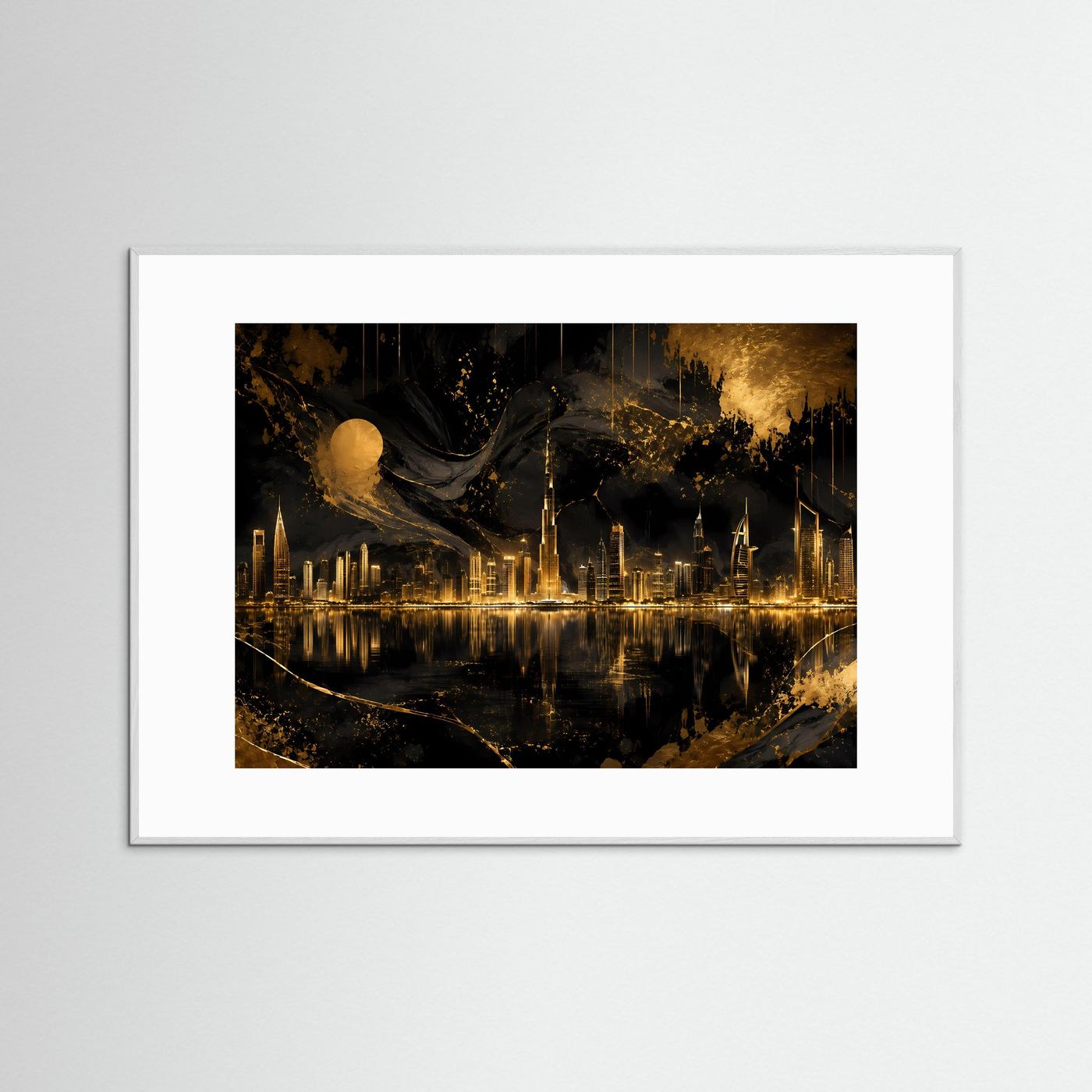 Gerahmtes Poster mit abstrakter Skyline bei Nacht in Schwarz und Gold, weißer Rahmen