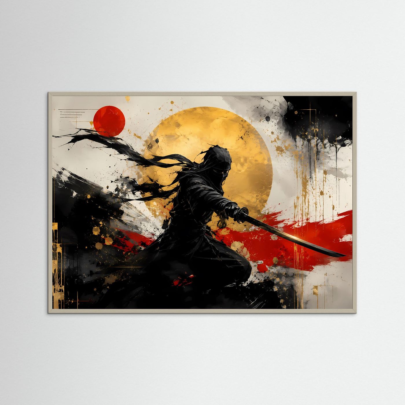 Schatten des Samurai | Japanisches Action & Ink Art Poster mit Gold- und Rot-Akzenten