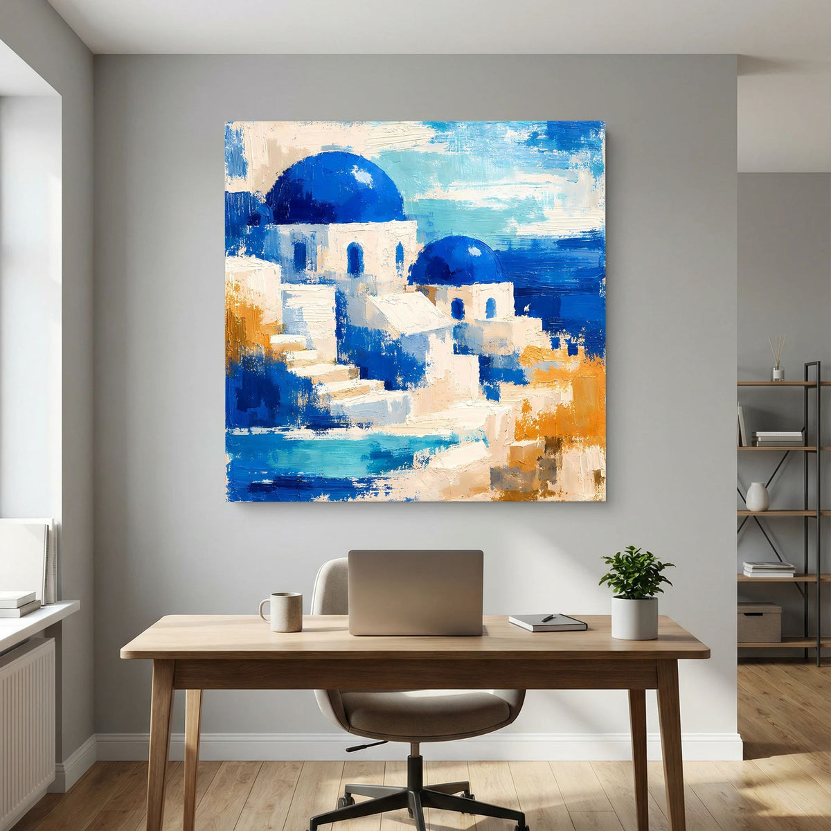 Leinwand-Wandbild mit abstrakten weißen Häusern und kräftigen blauen Farbfeldern