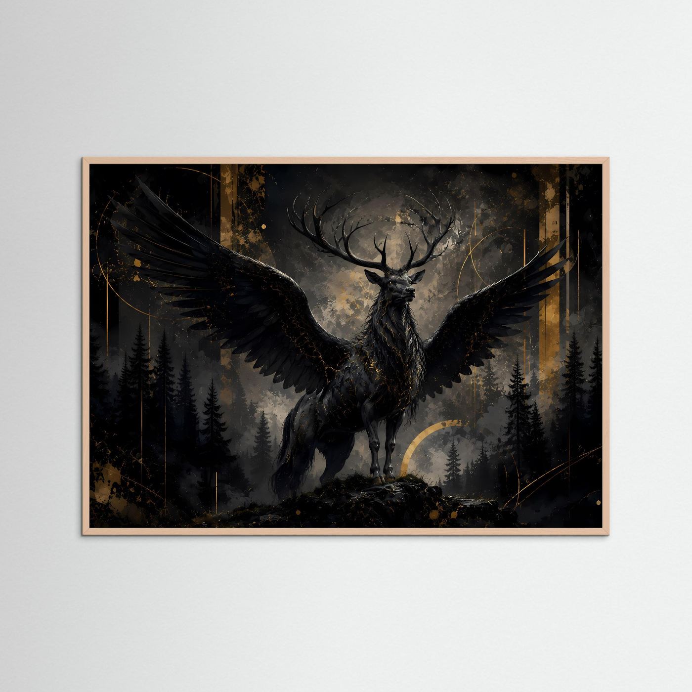Mystischer schwarzer Hirsch mit Flügeln | Fantasy Poster im Wald | Edles Wandbild Schwarz & Gold Querformat