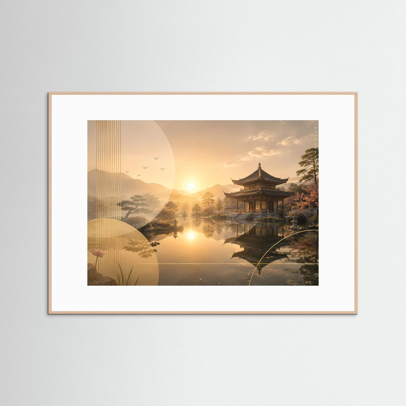 Gerahmtes Wandbild mit asiatischem Tempel am See bei goldenem Sonnenuntergang, beigefarbener Rahmen
