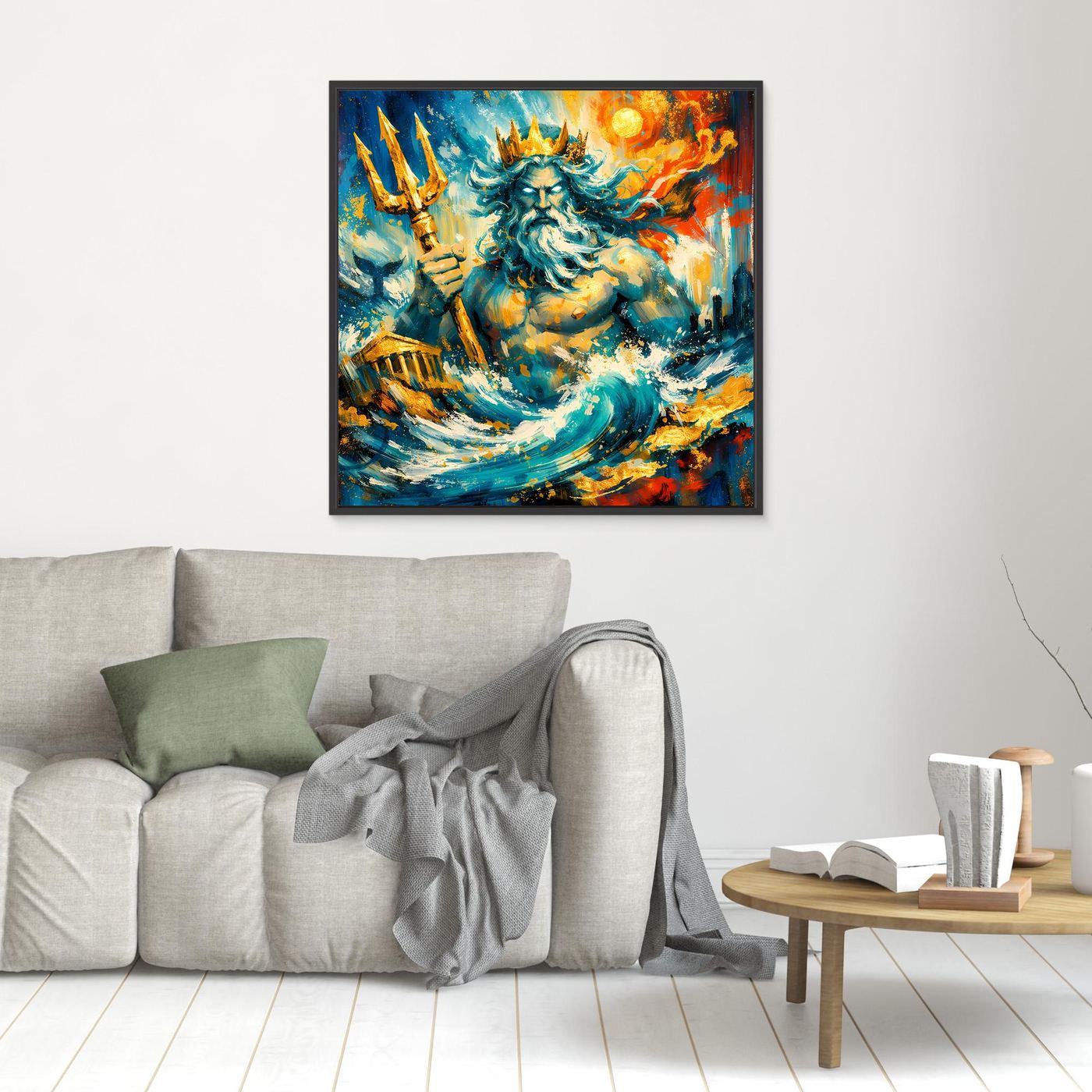 Kleines Leinwandbild mit abstrakter Poseidon-Meerfigur, im schwarzen Rahmen