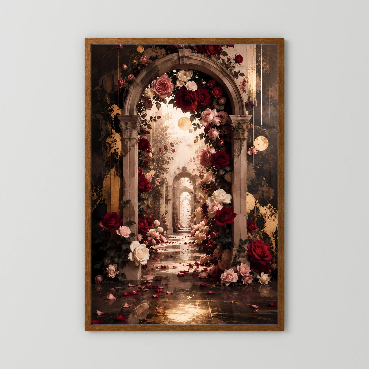 Poster im Hochformat mit Rosenbogen-Motiv und goldener Lichtlinie, brauner Holzrahmen