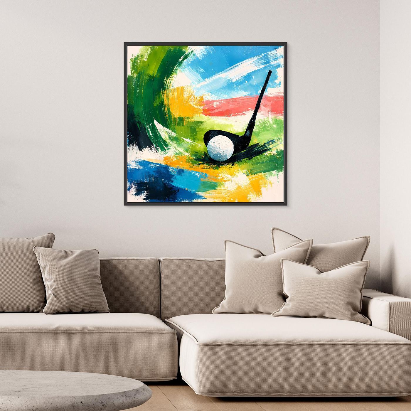 Abstraktes Leinwand-Wandbild mit Golfmotiv im schwarzen Rahmen: schwarzer Schläger, grauer Ball