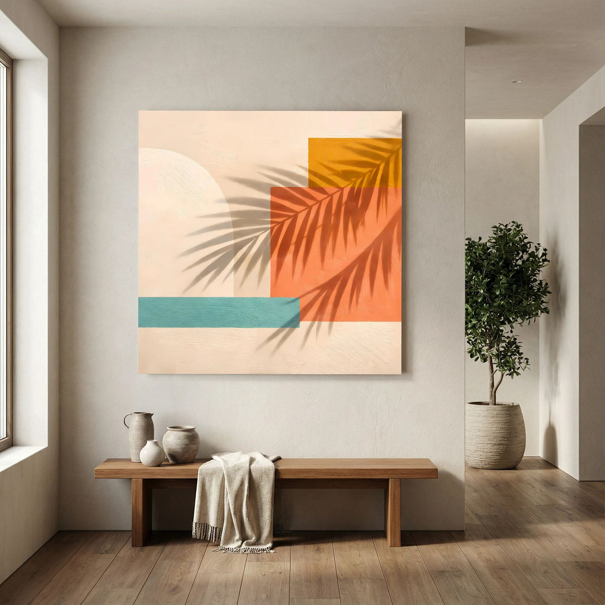 Leinwand Abstrakte Geometrie mit Palmenschatten | Modernes Boho Wandbild Terracotta