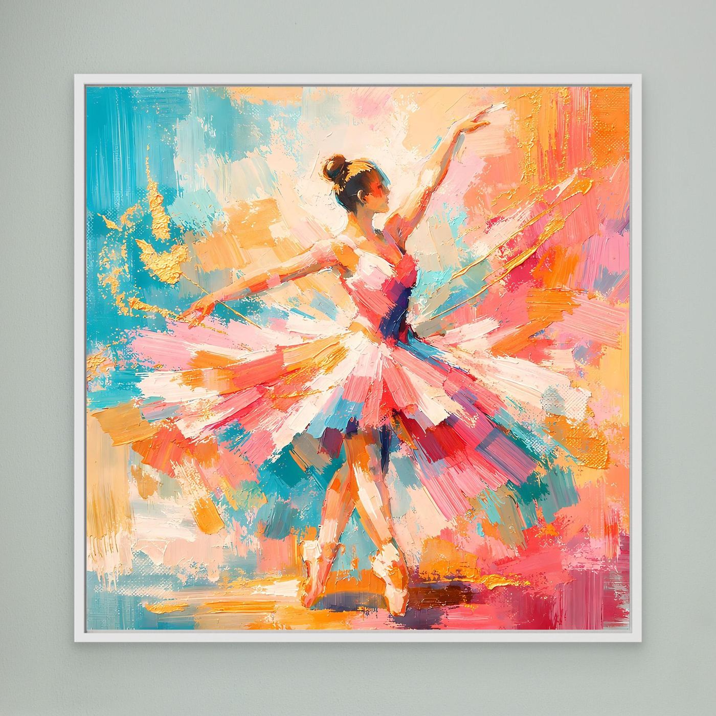 Abstraktes Leinwandbild mit Ballerina, buntes Kleid, weißer Rahmen