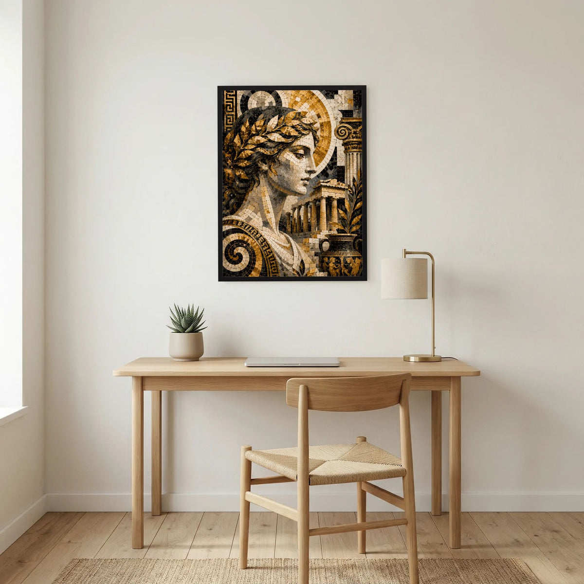 Wand-Poster mit antiker Mosaik-Göttin in Gold und Schwarz, quadratischer Rahmen