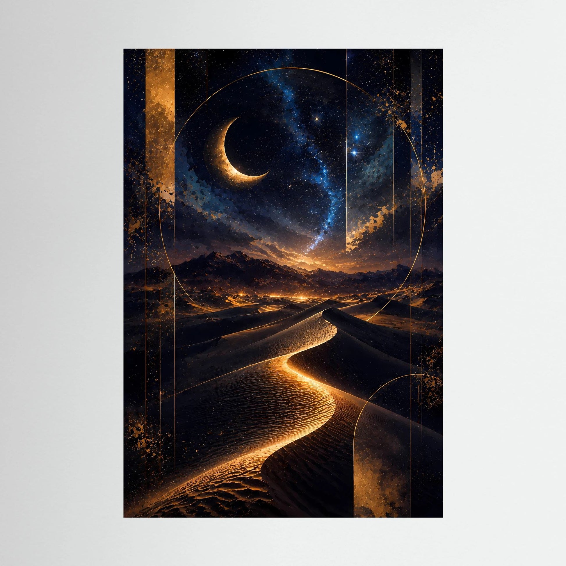 Hochformatiges Poster mit Mondsichel, Sternenmeer und goldenem Lichtpfad in Dünen