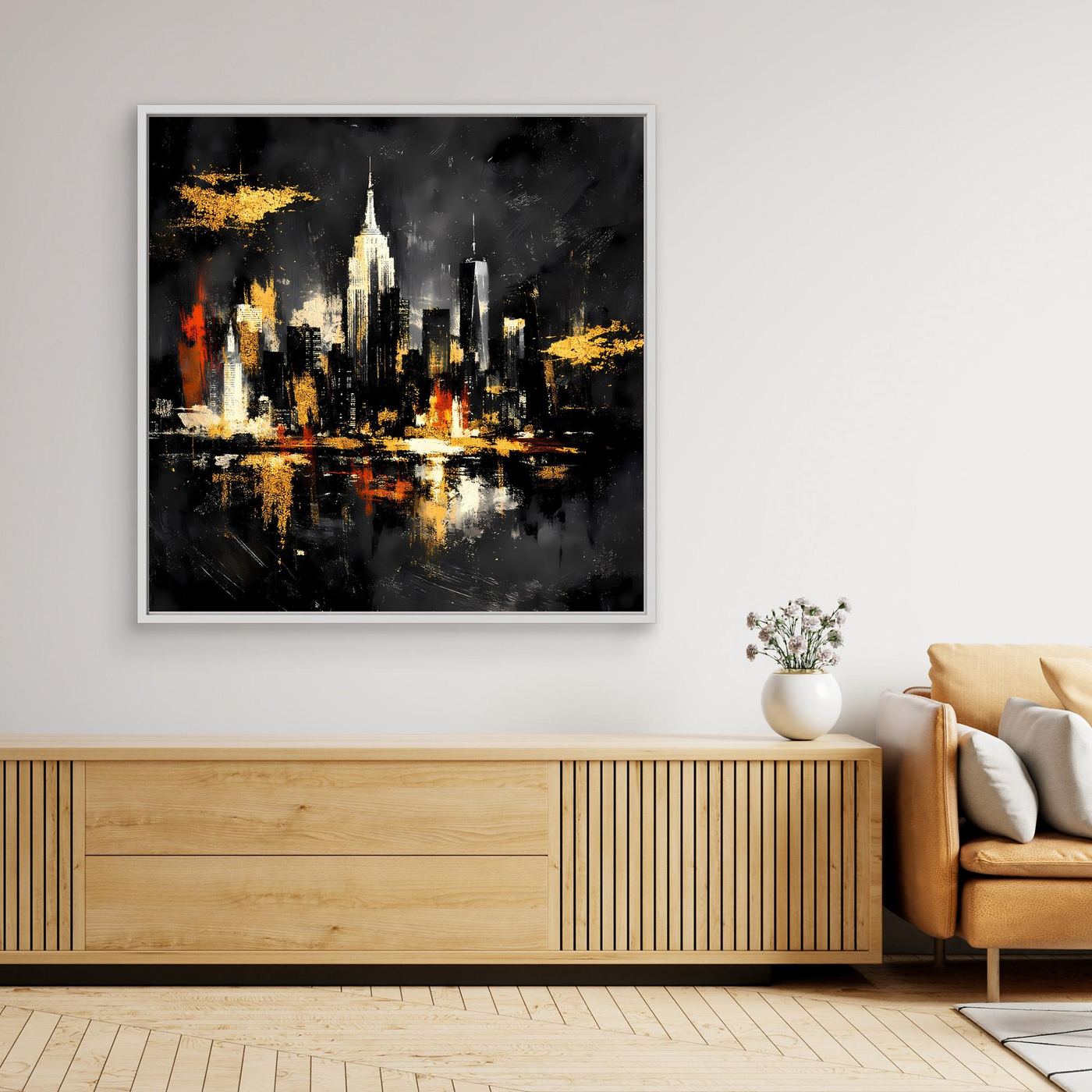 Leinwand Goldene New York Skyline bei Nacht | Abstraktes NYC Wandbild Modern