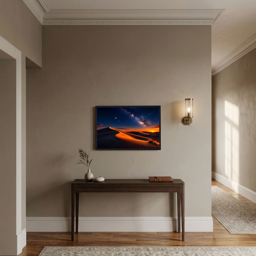 Gerahmtes Querformat-Poster mit Sternenhimmel und leuchtenden orangefarbenen Sanddünen bei Nacht