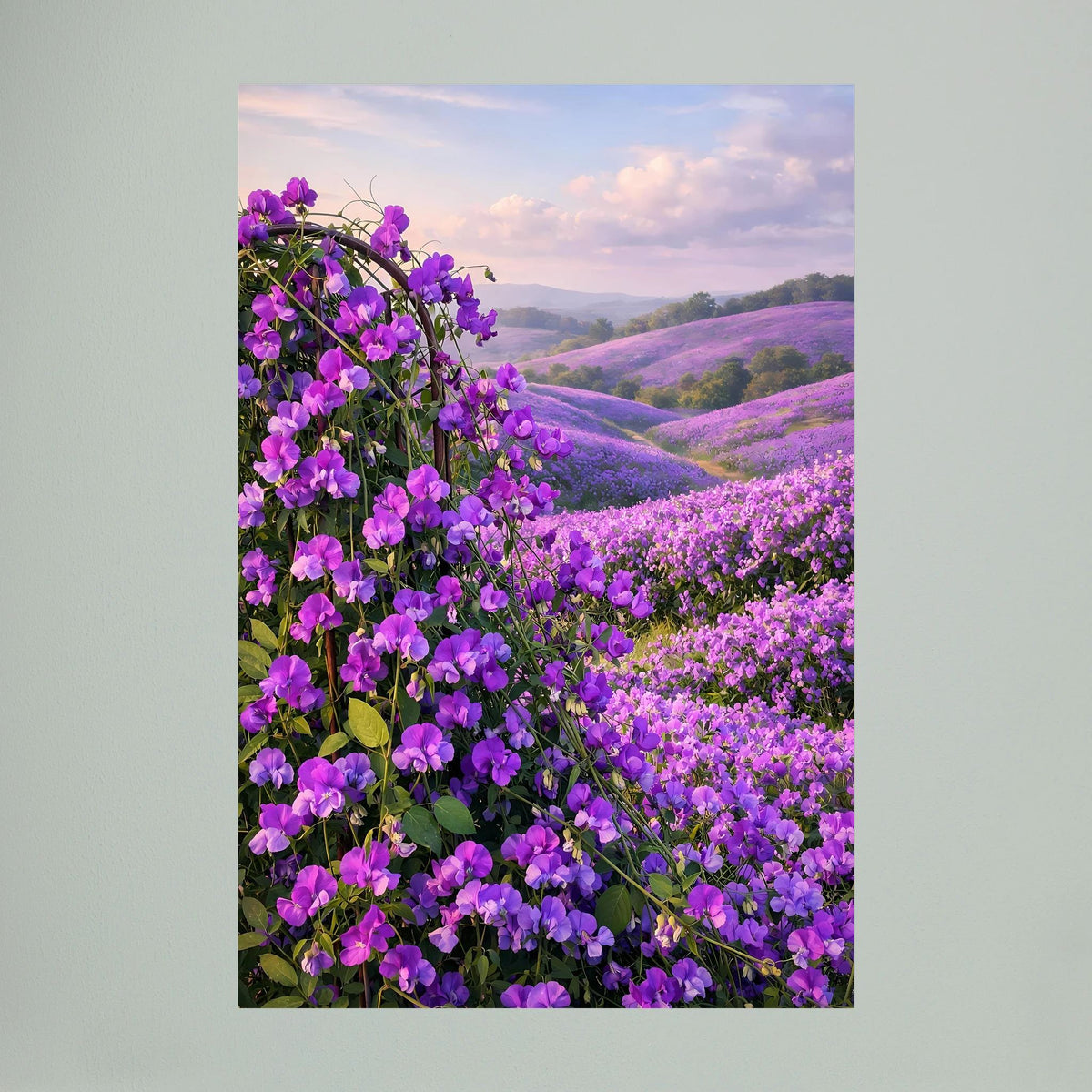 Wandposter im Hochformat mit lila Blütenstrauch im Vordergrund und Hügeln in der Tiefe