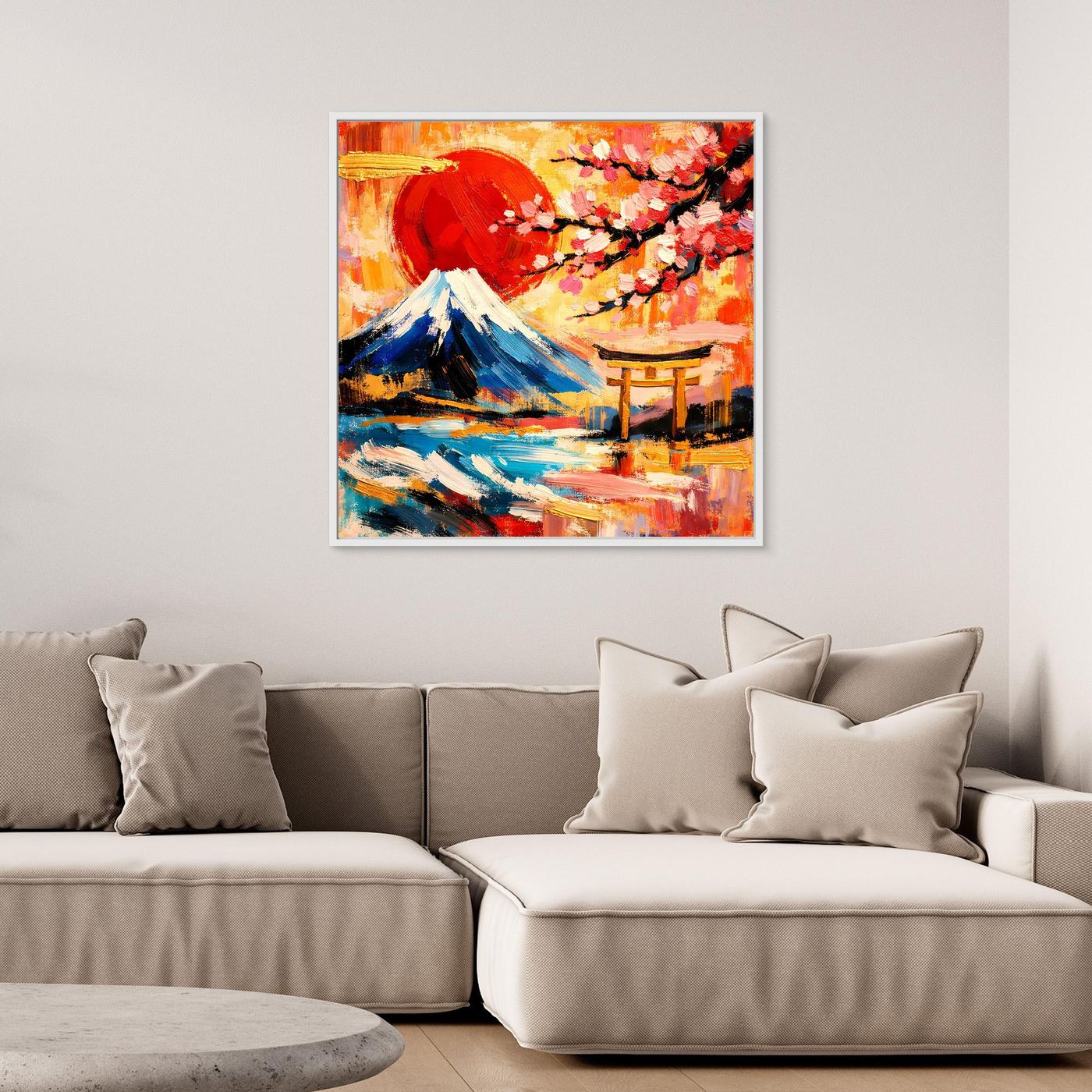 Leinwandbild mit Berg Fuji, Torii und Kirschblüten in Rot-, Blau- und Goldtönen