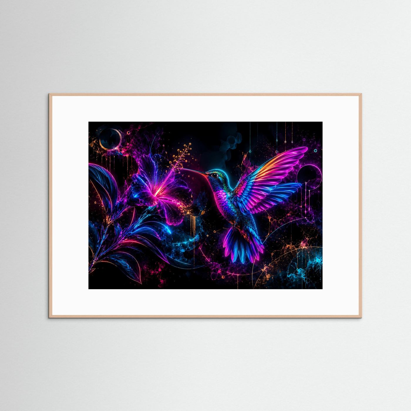 Neon-Kolibri mit Blüte | Futuristische Wandkunst in Pink, Blau & Violett