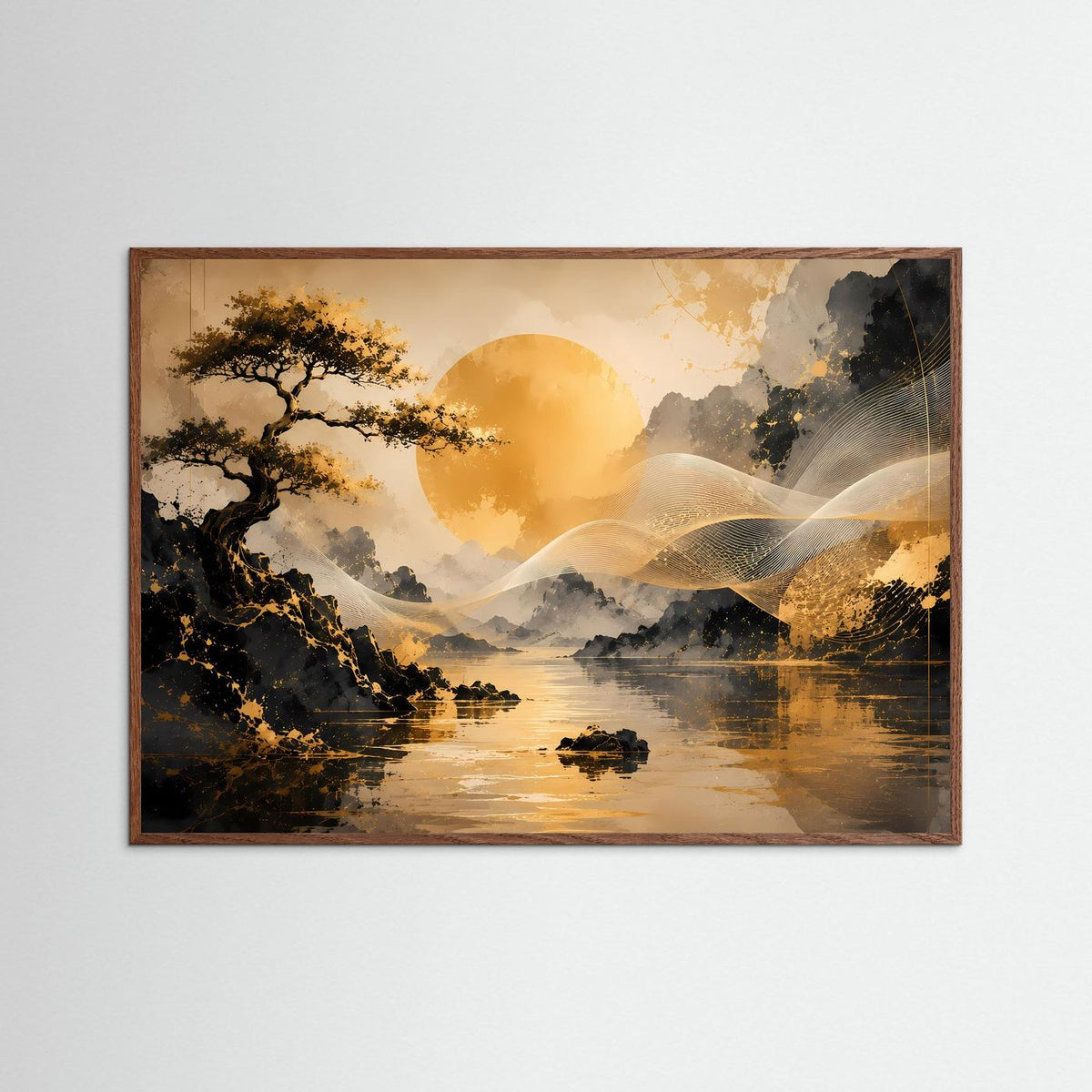 Querformat-Poster im dunklen Eichenholzrahmen: goldener Bonsai am See mit Sonnenmotiv
