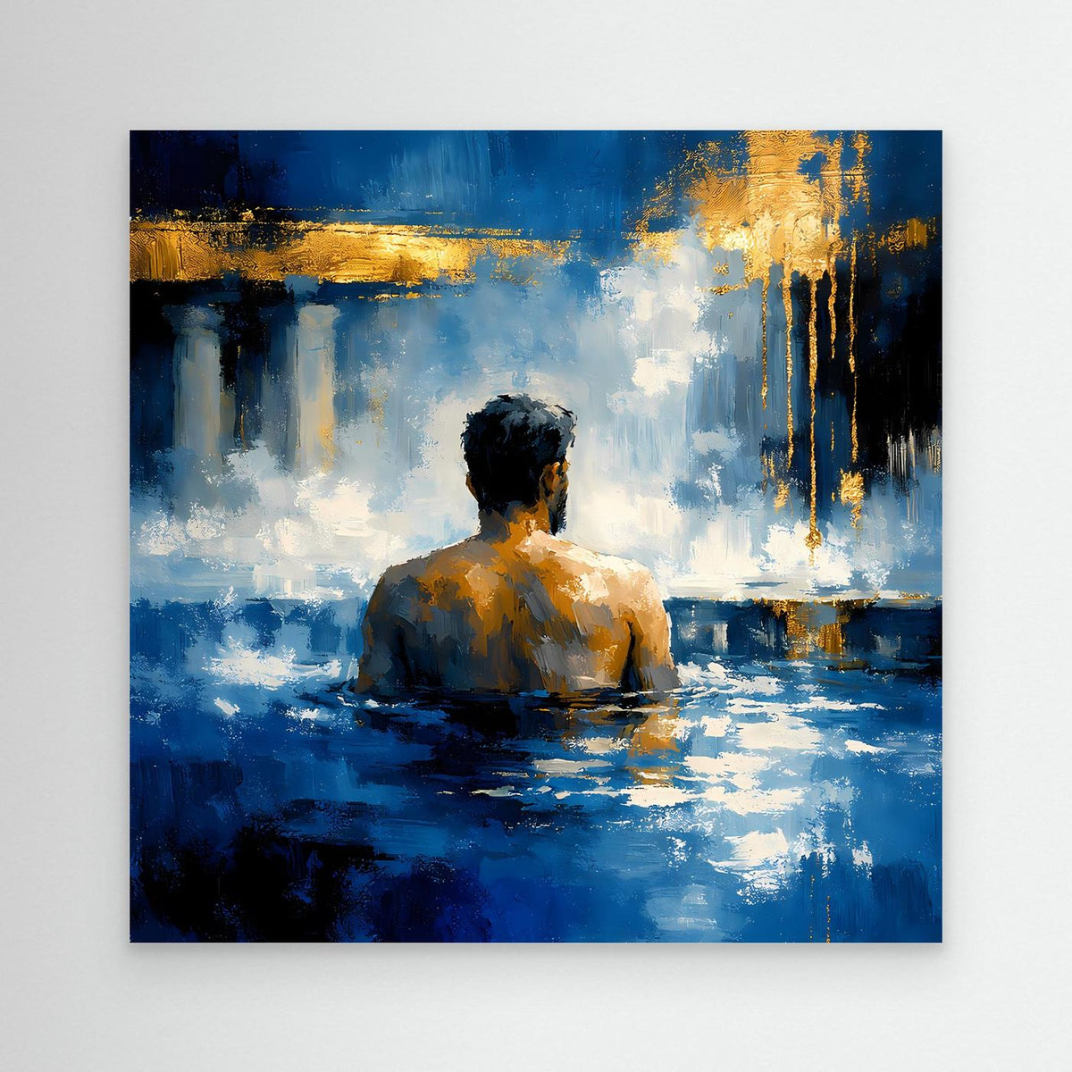 Leinwand-Wandbild: Mann im Bad, abstrakt, blaue Wasserflächen und goldene Akzente