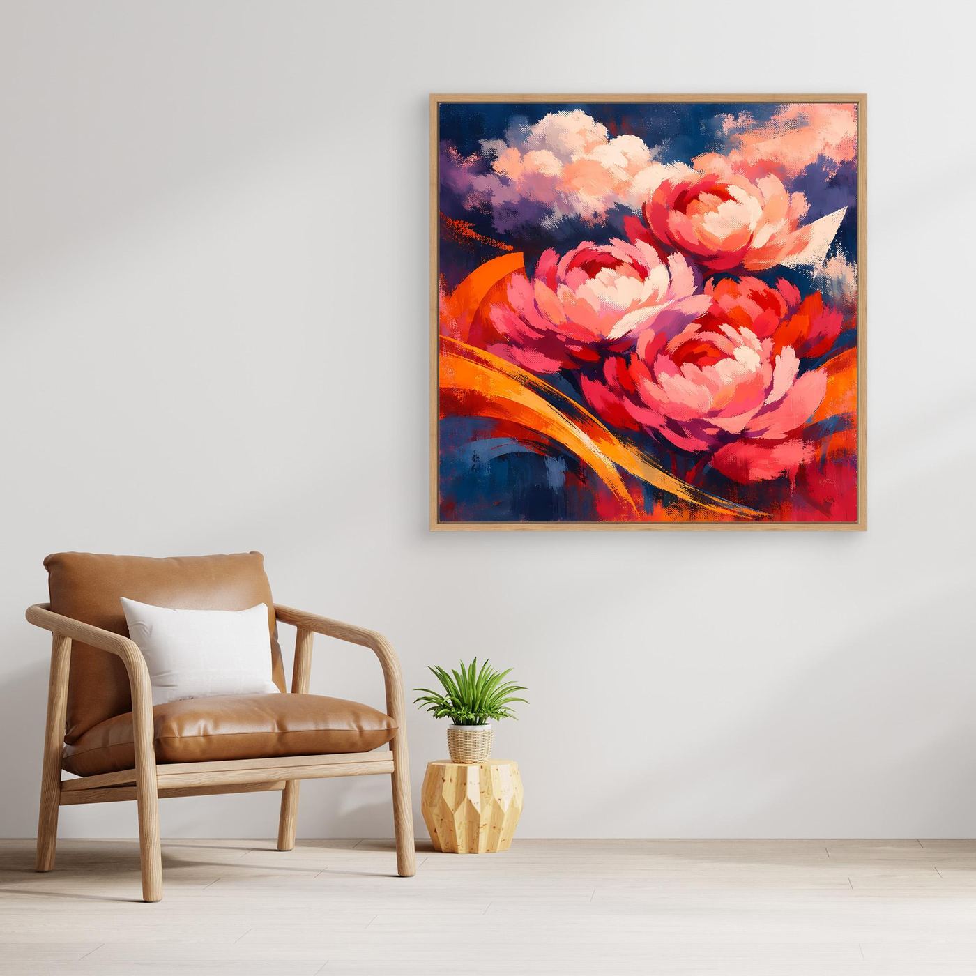 Gerahmtes Leinwandbild mit Pfingstrosen-Motiv, abstrakte Blüten in Rot und Blau