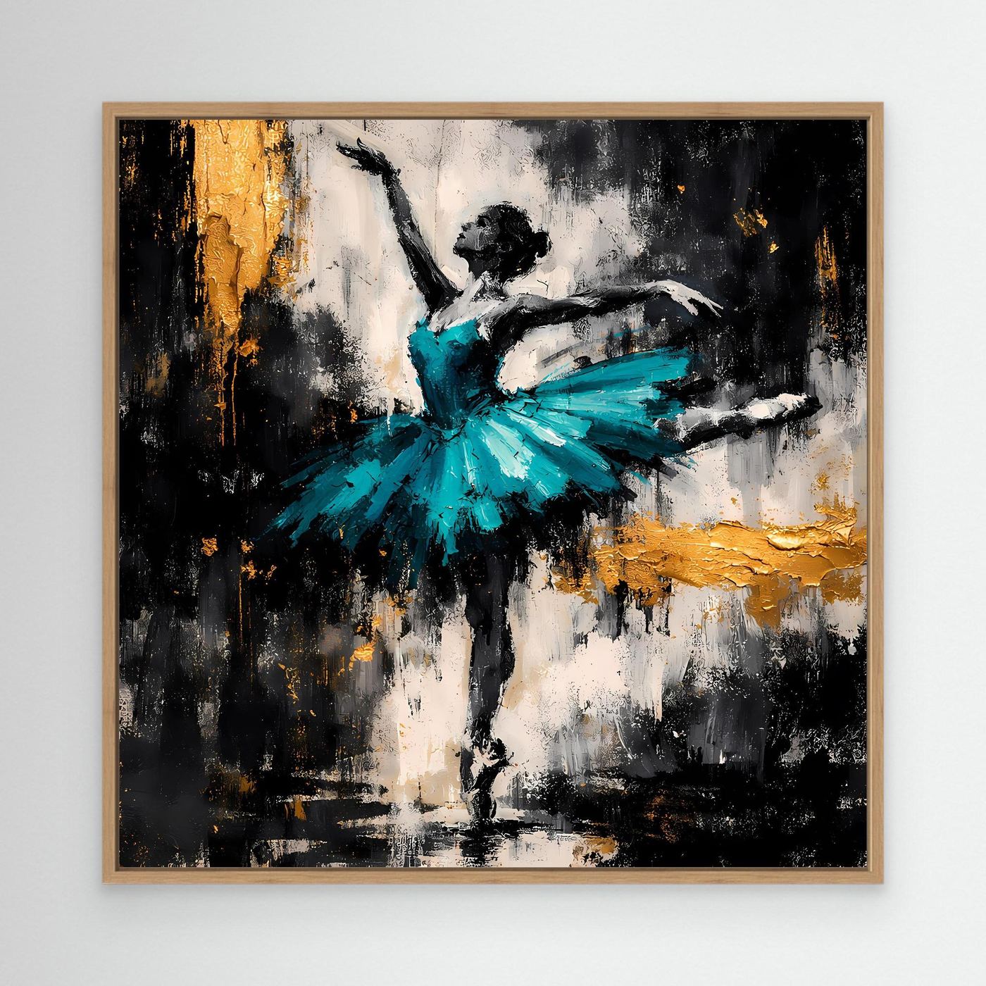Leinwand Abstrakte Ballerina in Türkis und Gold | Modernes Ballett Wandbild mit Tanz-Motiv