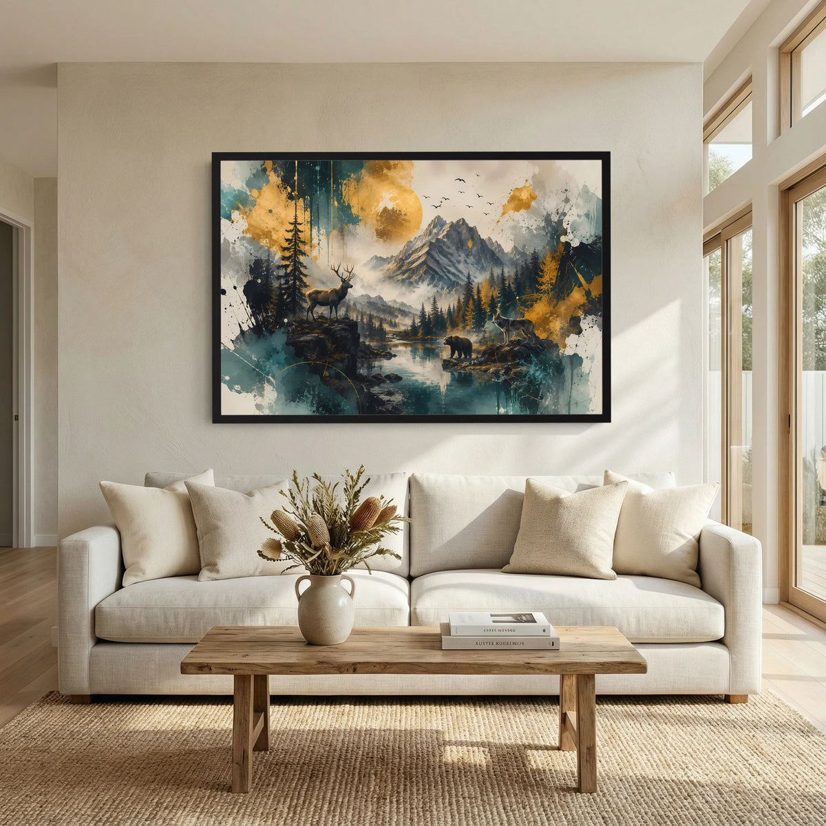 Wildtiere in majestätischer Berglandschaft | Hirsch Wolf und Bär | Poster Querformat