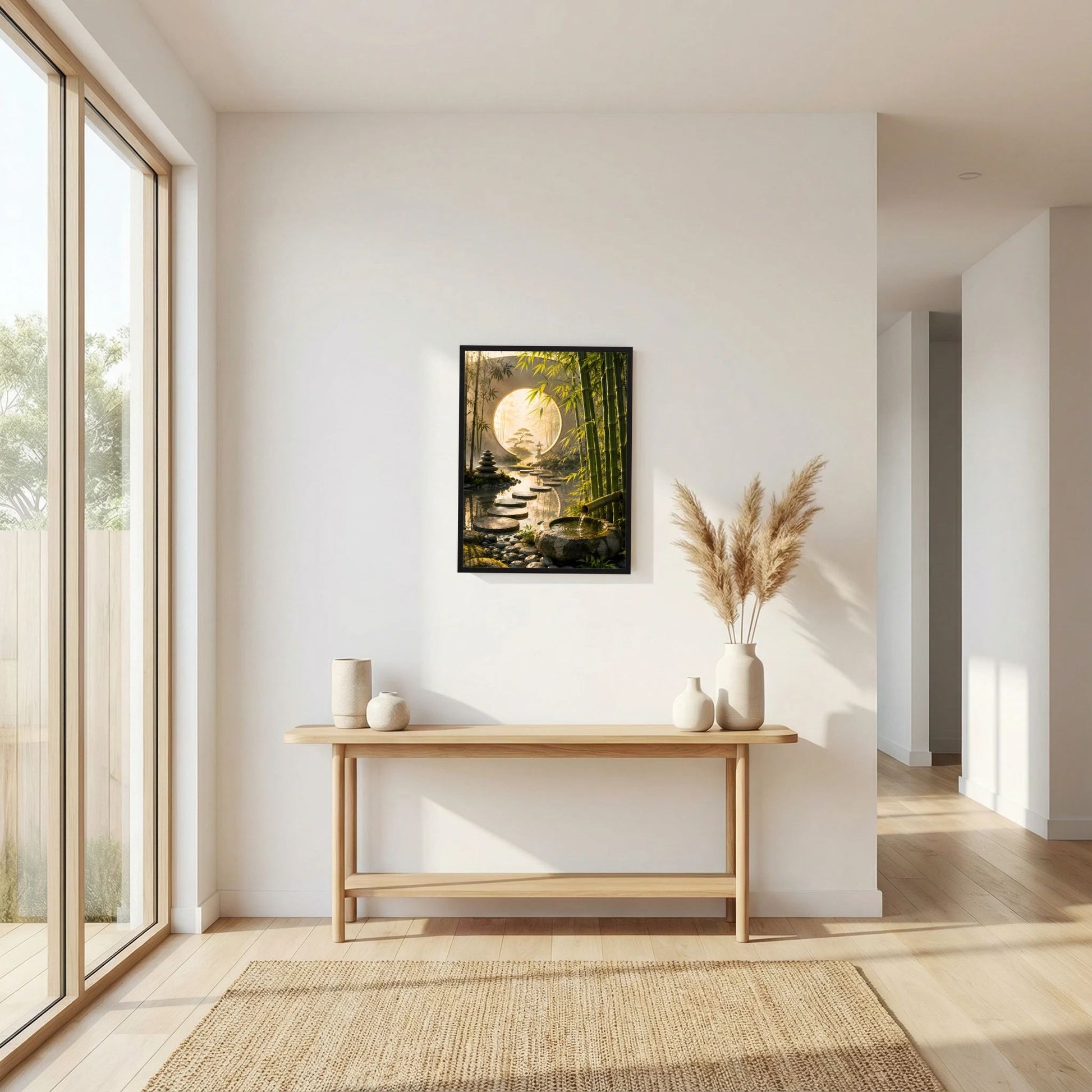 Zen-Garten-Poster mit rundem Mondtor, Bambus und Trittsteinen am Wasser, schwarzer Rahmen