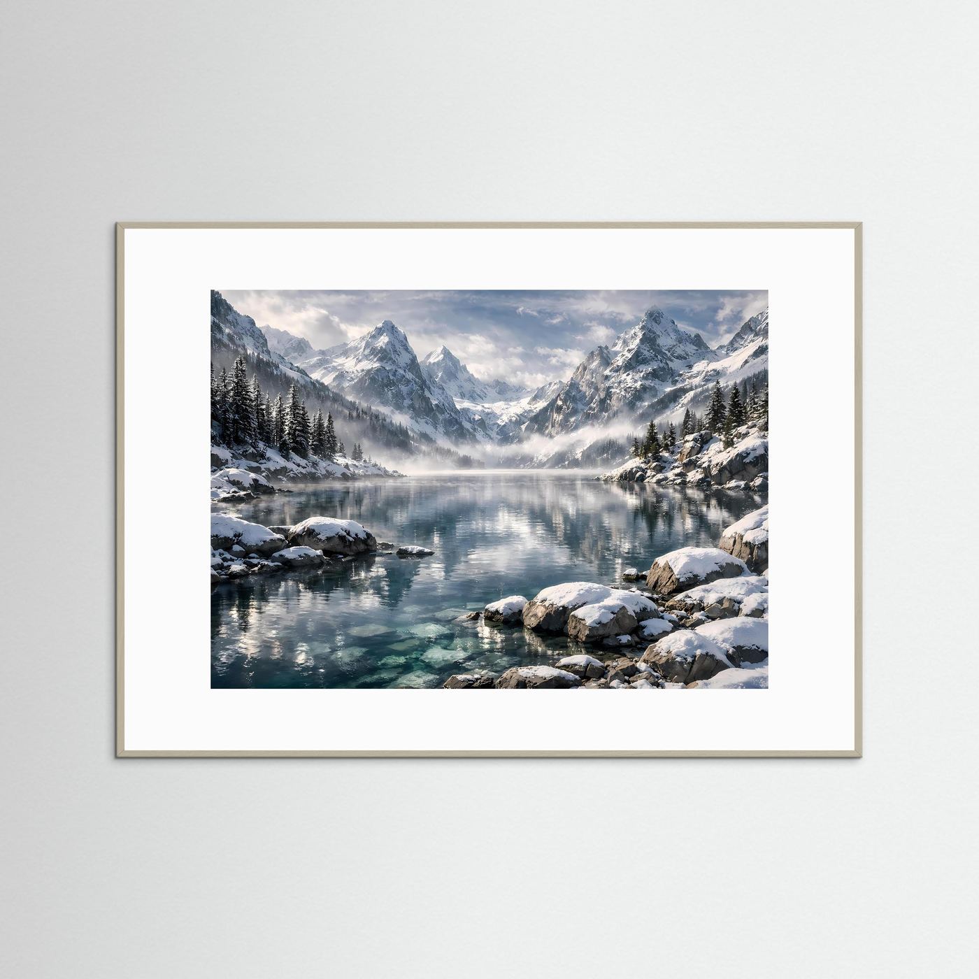 Verschneite Alpen am Kristallsee | Panorama Winterberg & Natur Poster Querformat