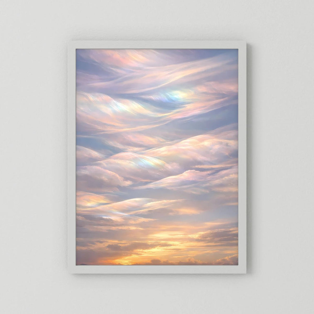 Poster im Hochformat mit weißem Rahmen: schimmernde Wolken in Pastellfarben bei Sonnenuntergang.