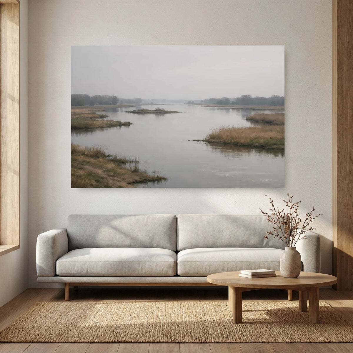 Wandbild im Querformat mit Flusslandschaft im Morgennebel, mittig über dem Sofa