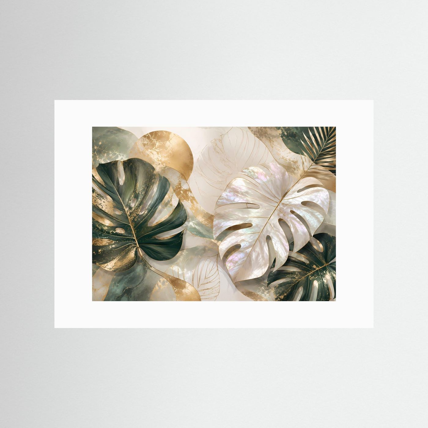 Poster im Querformat mit Monstera-Blättern in Creme, Gold und dunklem Grün, weißer Rand