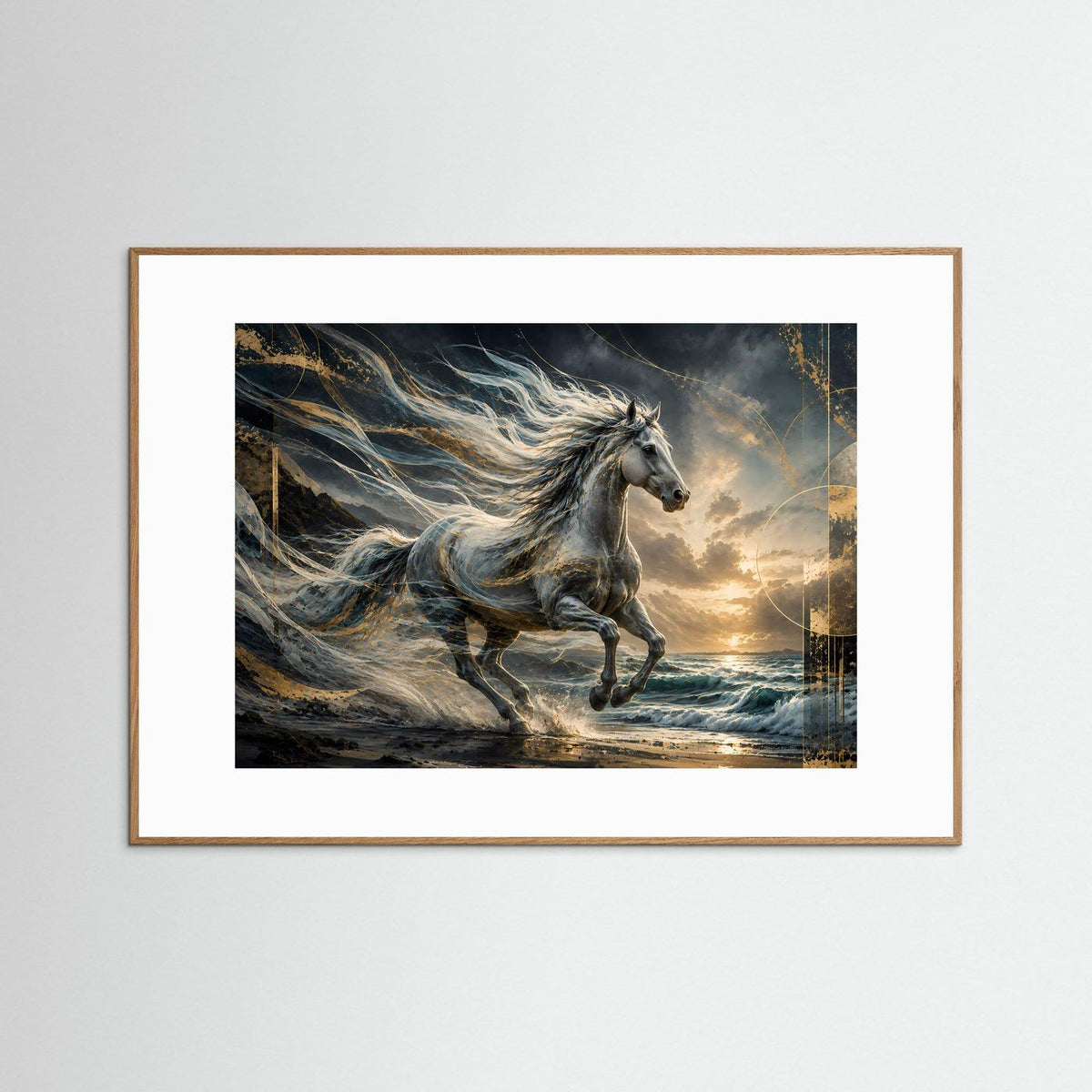 Poster mit galoppierendem Pferd, Schwarz-Weiß und Gold, naturbrauner Rahmen