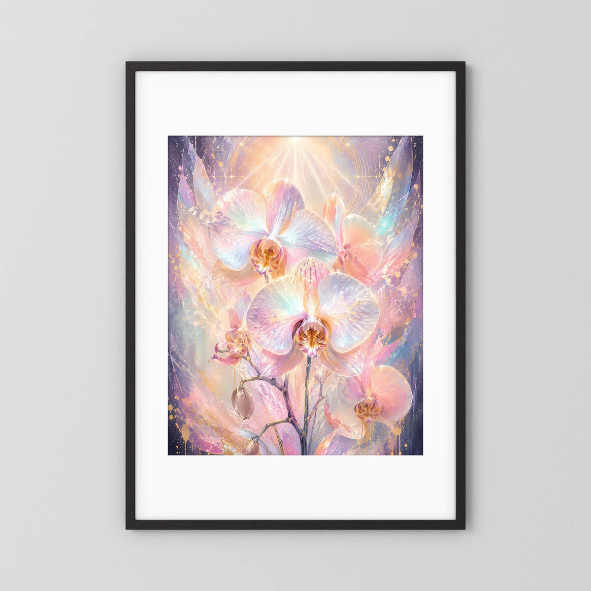 Poster im Hochformat mit Pastell-Orchideen, schwarzer Rahmen und weißer Rand