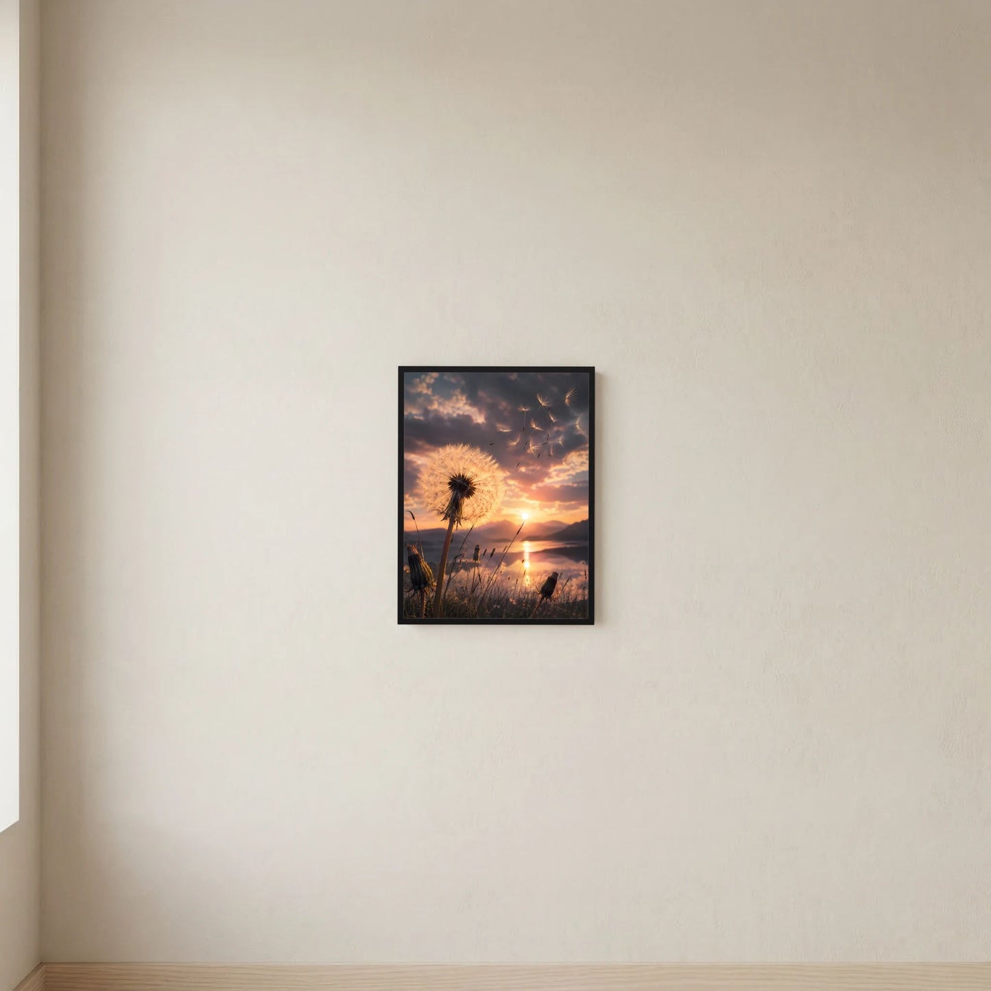 Hochformat-Poster mit Pusteblume im Sonnenuntergang, kleiner schwarzer Rahmen an der Wand